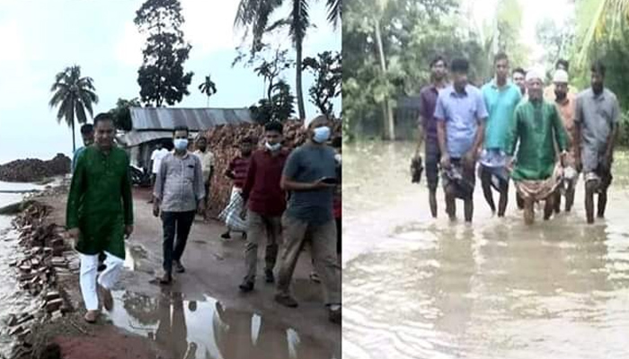 বর্ষা ও জােয়ারের পানিতে দিশেহারা হাইমচরবাসী