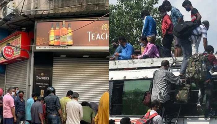 কলকাতায় লকডাউন শুরু: মদের দোকানে দীর্ঘ লাইন