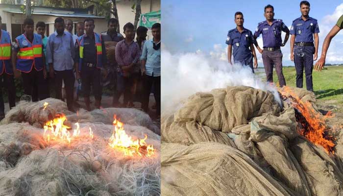 বাউফলে তিন কোটি টাকার অবৈধ জাল জব্দ