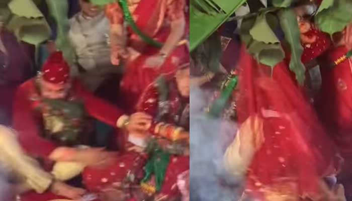 বিয়ের পিঁড়িতে বসে বর-কনের মারামারি