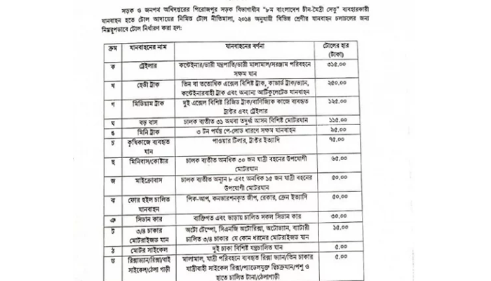 বঙ্গমাতা সেতু, কোন গাড়ির টোল কত