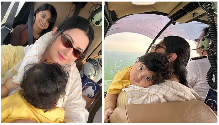 হেলিকপ্টারে ছেলেকে নিয়ে ভান্ডারিয়ায় পরীমণি