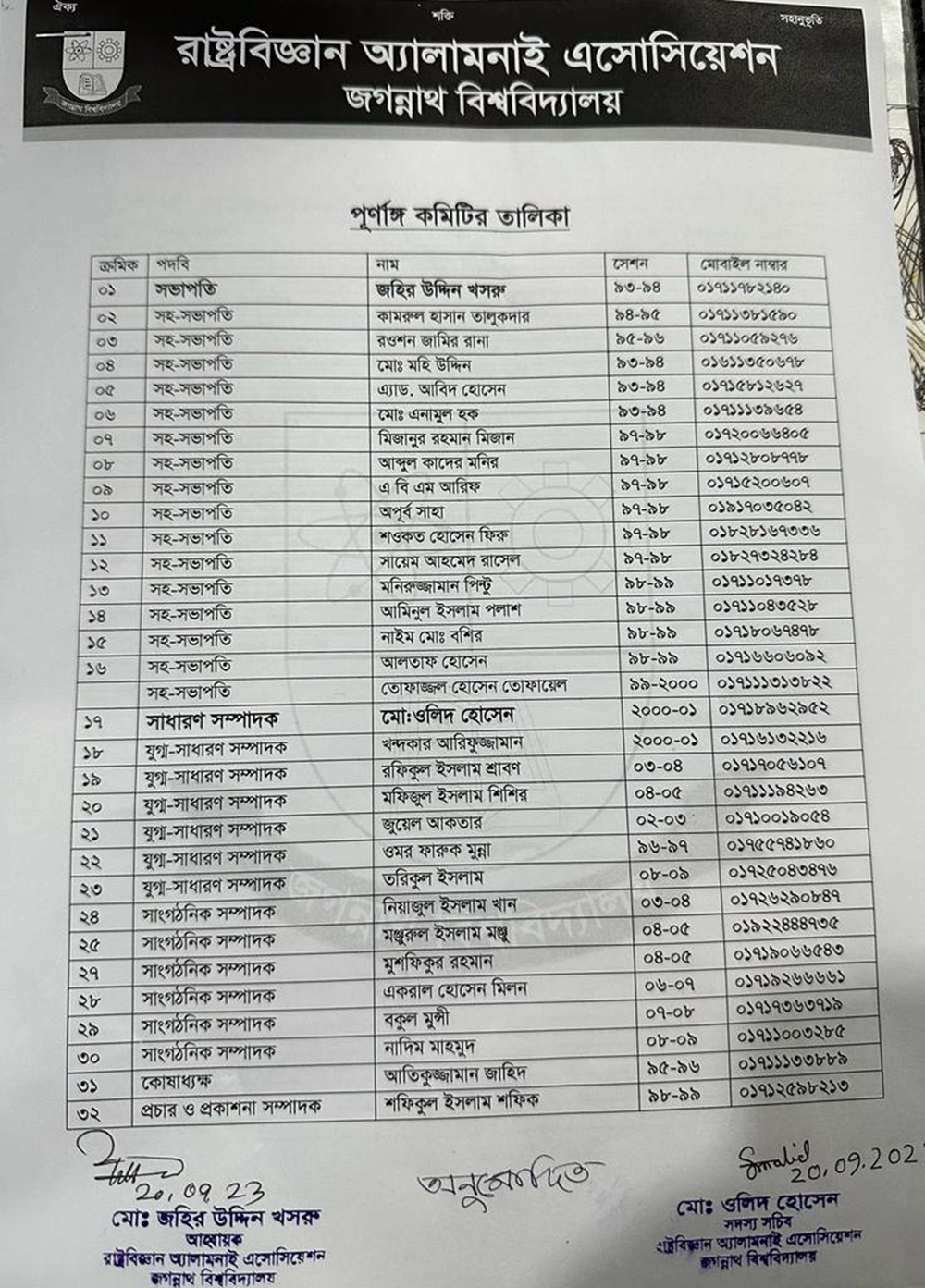 জবি রাষ্ট্রবিজ্ঞান অ্যালামনাই এসোসিয়েশনের পূর্ণাঙ্গ কমিটি ঘোষণা