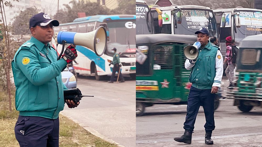 ভোরের কুয়াশায় ট্রাফিক পুলিশের কর্ম তৎপরতা 