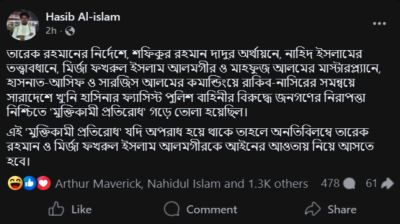 বৈষম্যবিরোধী নেতার ফেসবুক পোস্টে তোলপাড়