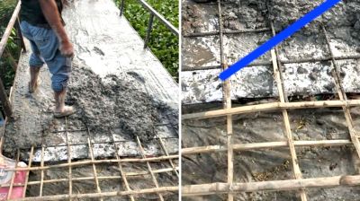 রডের বদলে বাঁশের কঞ্চি দিয়ে ব্রিজ ঢালাই